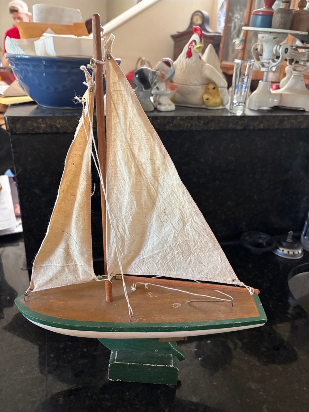 Unbranded Cream and Green Decorative Wooden Sailboat